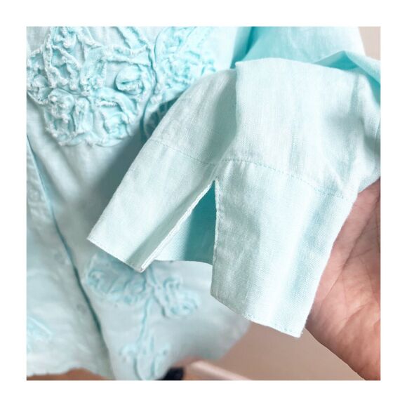 Charter Club Women Teal 100% Linen Embroidered Button Down Casual Blouse 10P - Picture 8 of 9